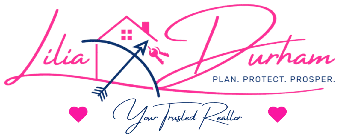 Pink and blue real estate logo with house